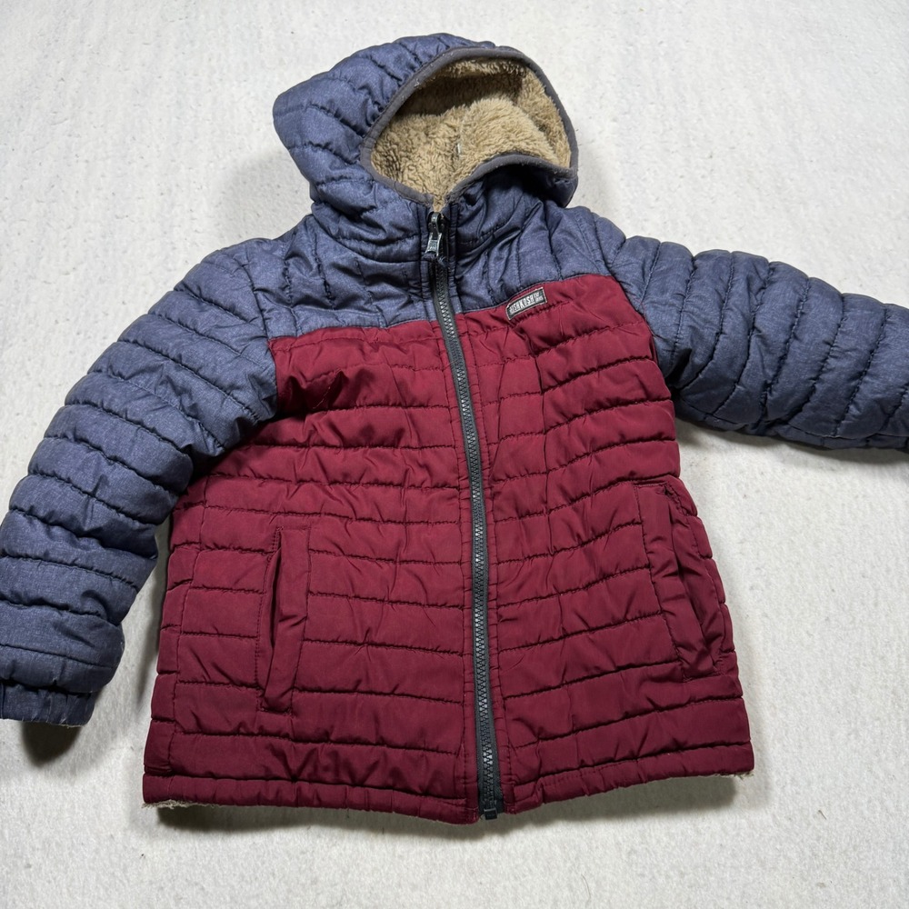 OshKosh Bgosh Boys Puffer Jacket Reversable Hooded Colorblock Blue Red Size 5